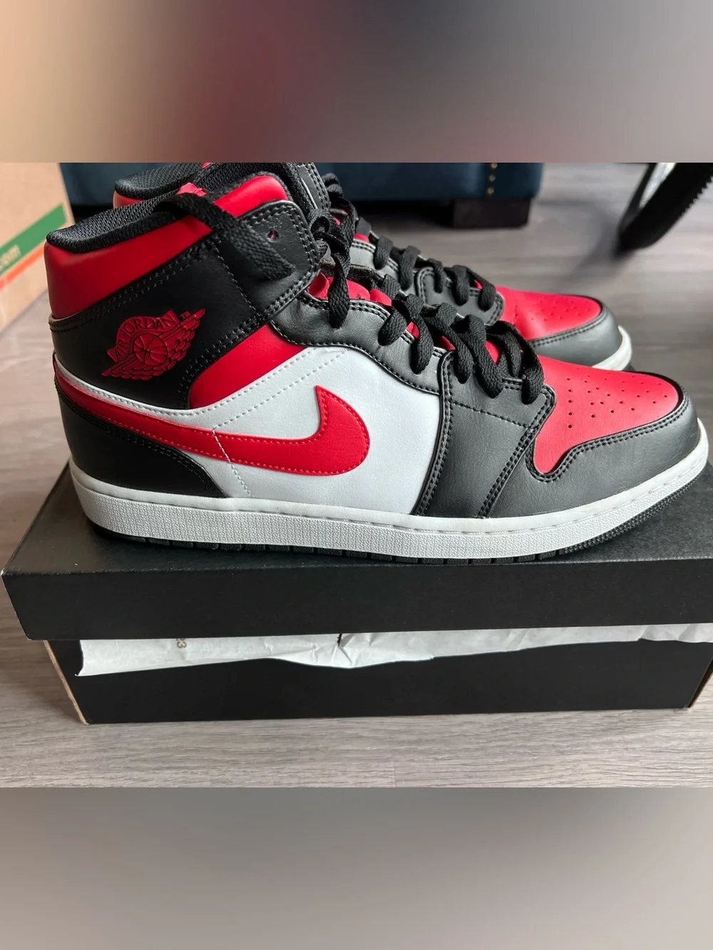 Jordan 1’s Mid Sneakers - Red, Black & White